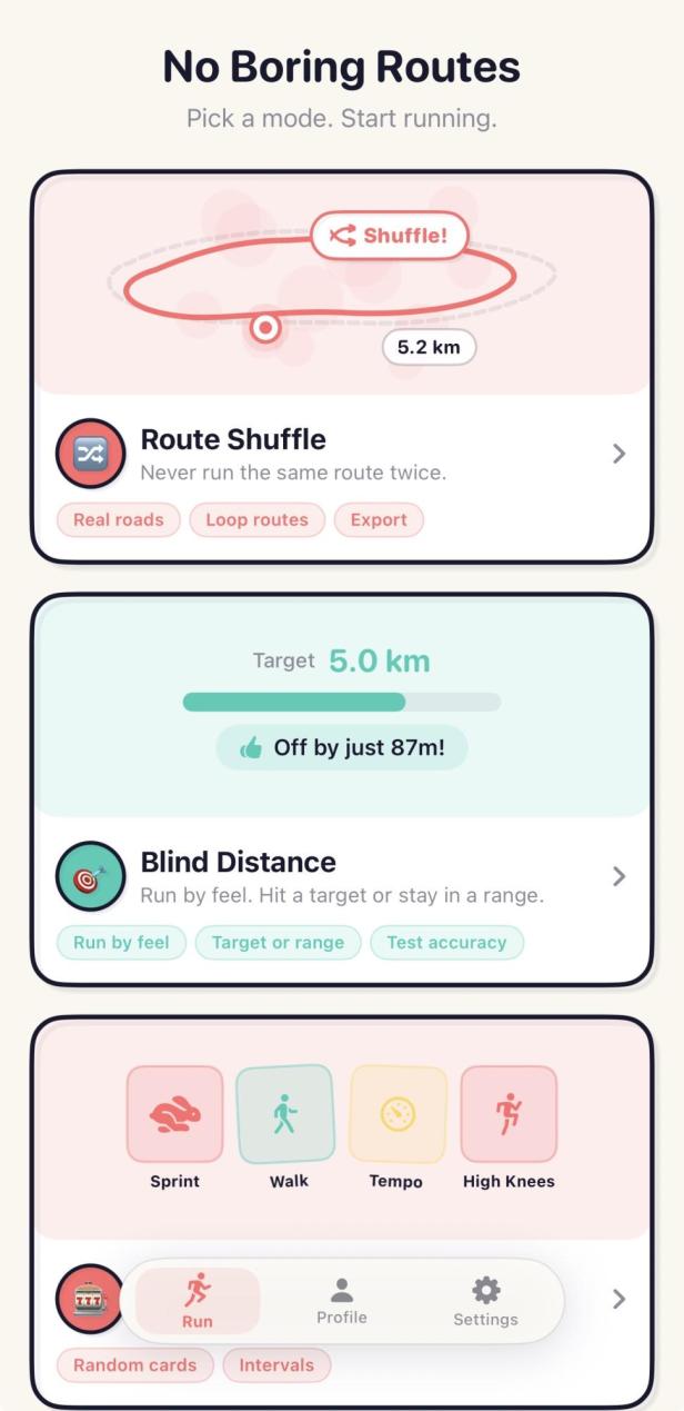 Workout-Auswahl in "No Boring Routes" mit zufälligen Routen oder "Blind Distance"