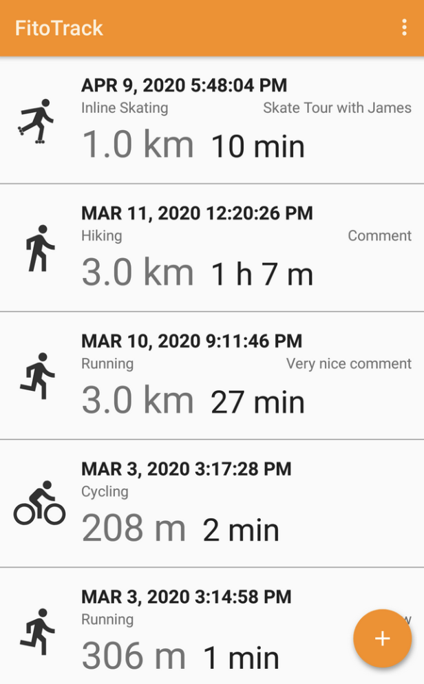 Sammlung an Workouts in der FitoTrack-App mit Distanz, Zeit und Datum der Trainings