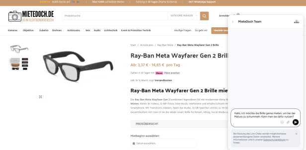 Mietbare KI-Brille auf Webseite