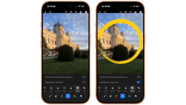 Die Objektivkorrektur von Lightroom entfernt Verzerrungen der Linse.
