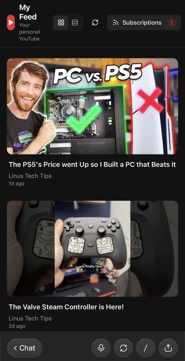 Erstellte RSS-App der Lovable-App mit Thumbnails von Youtube-Videos.