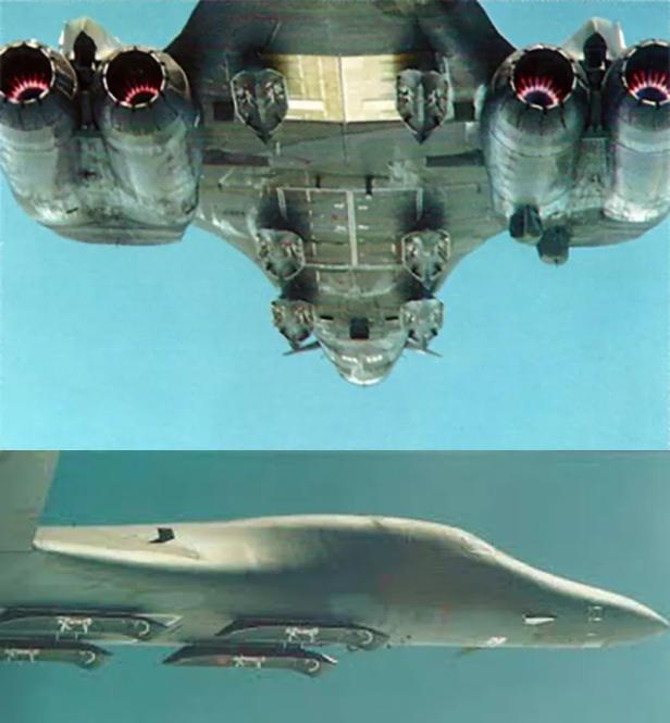 2 Bilder zeigen die Pylons an der Unterseite eines fliegenden Bombers B-1B