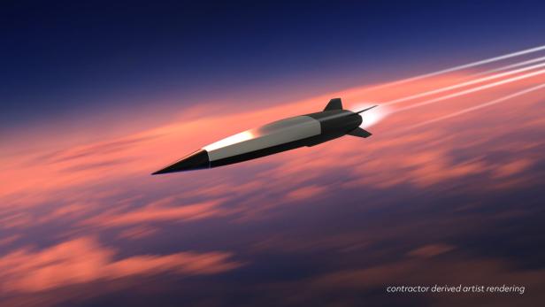 Computergrafik einer Hyperschallrakete im Flug vor farbigem Himmel bei Sonnenuntergang.