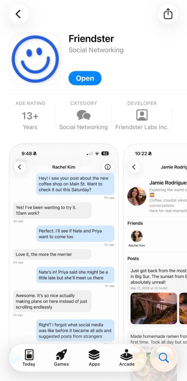 Friendster-App im App Store mit Chatverlauf und Nutzerprofil auf einem iPhone-Bildschirm.