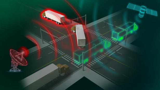 Grafik zeigt Lkw die mit falschen Satelliten-Signalen in die Irre geleitet werden.
