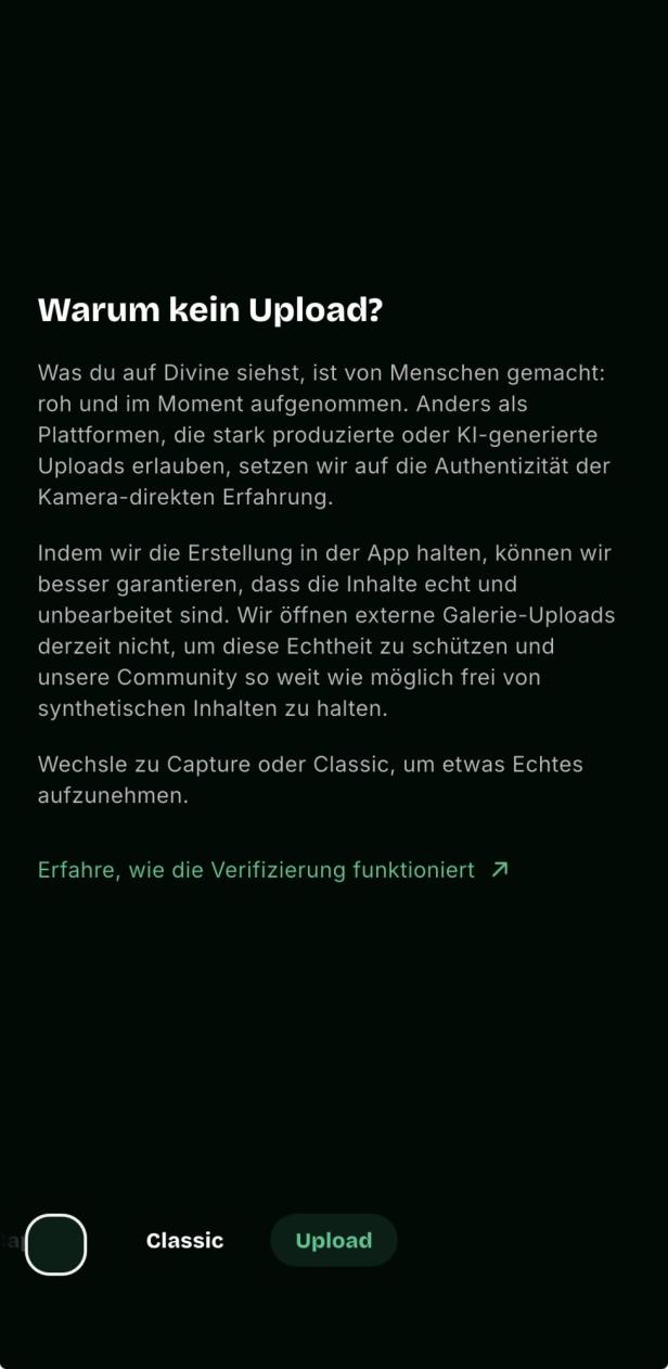 Erklörungstext, dass keine Uploads auf Divine erlaubt sind, um KI-Inhalte zu verhindern.
