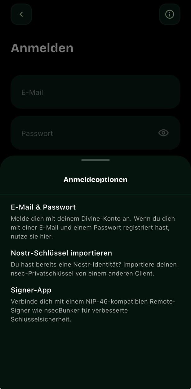 Anmeldeoptionen in der Divine-App, unter anderem mit Nostr-Funktion.