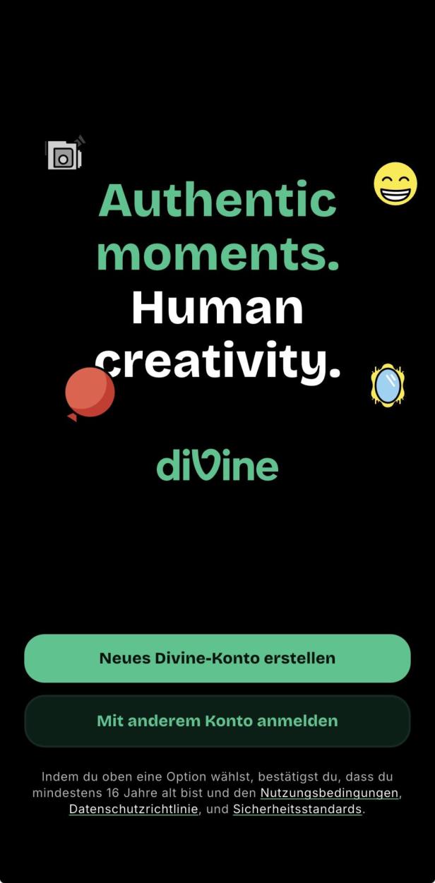 Anmeldescreen der Divine-App, mit Regisiterung und Möglichkei, anderen Account zu verwenden.