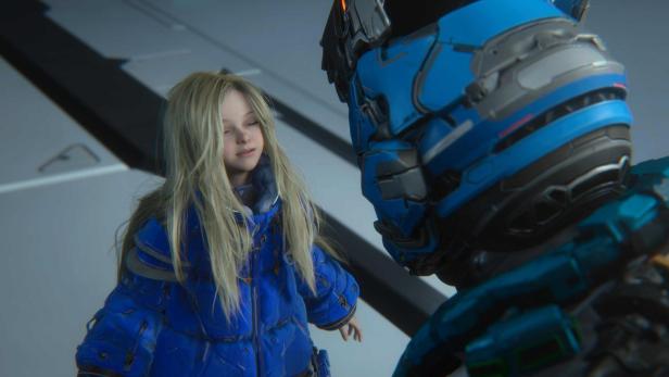 Ein Mädchen mit langen blonden Haaren steht vor einer Person in blauer Sci-Fi-Rüstung.