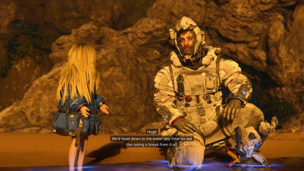 Ein Astronaut in Raumanzug spricht mit einem Mädchen vor einer Felswand auf dem Mond.
