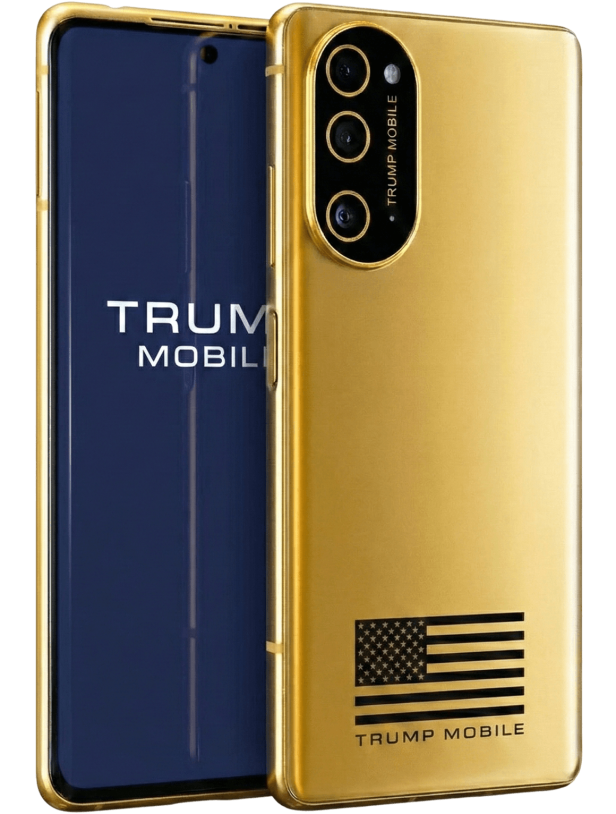 Goldenes Smartphone mit US-Flagge und „TRUMP MOBILE“-Schriftzug auf der Rückseite.