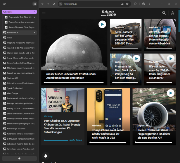 Im Browserfenster sind zahlreiche vertikale Tabs am linken Rand angeordnet, während die Webseite futurezone.at im Hauptbereich geöffnet ist.