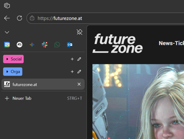 Windows Edge Screenshot zeigt viele geöffnete Tabs mit einer geöffneten Tabgruppe
