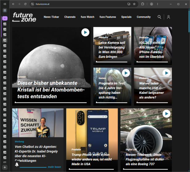 Im Chrome-Browser sind auf der linken Seite zahlreiche vertikale Tabs zu sehen, die das neue Feature zur besseren Tab-Übersicht demonstrieren.