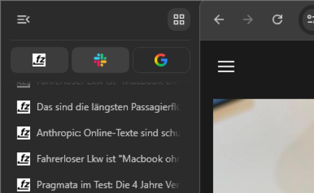 Vertikale Tab-Leiste im Google Chrome Browser mit mehreren geöffneten Webseiten und angehefteten Tabs für häufig genutzte Dienste wie Slack und Google.