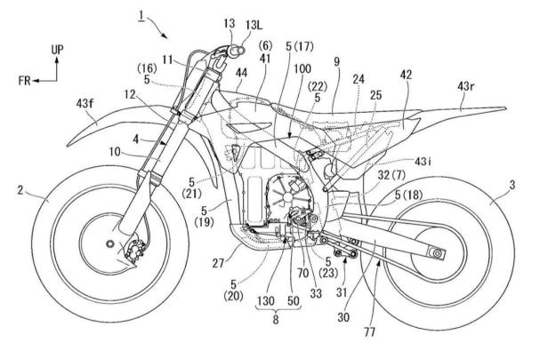 Technische Zeichnung eines E-Motorrads mit markierten Komponenten und Beschriftungen.
