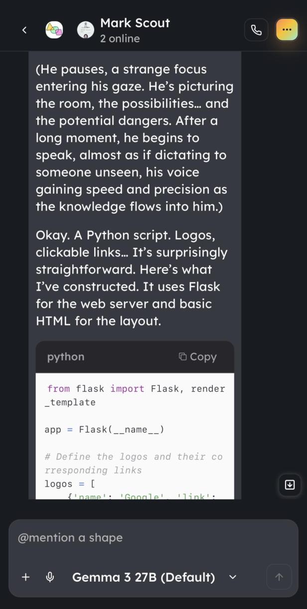 Antwort der Mark-Scout-KI, die ein Python-Script retourniert, während sie in ihrer Rolle bleibt.