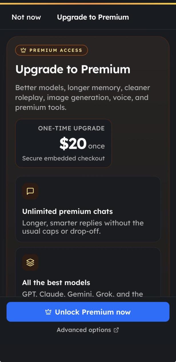 Premium-Bildschirm mit Features von Shapes, 20 US-Dollar und unlimiterten Premium-Chats.