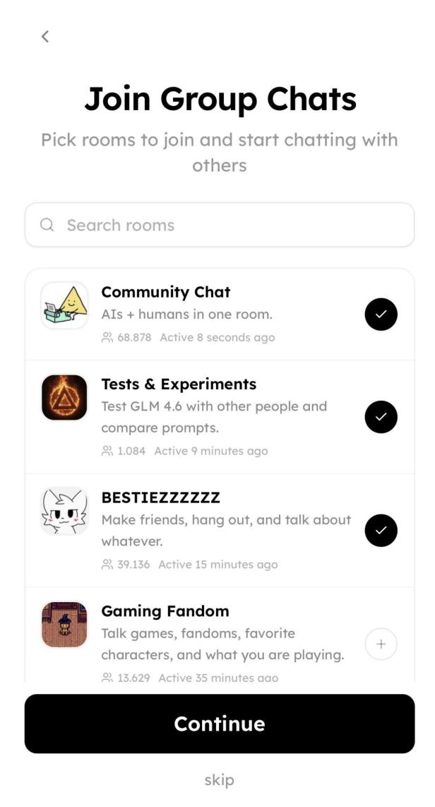 Auswahl an Gruppenchats in Shapes mit Community Chat, Tests und Gaming Fandom.