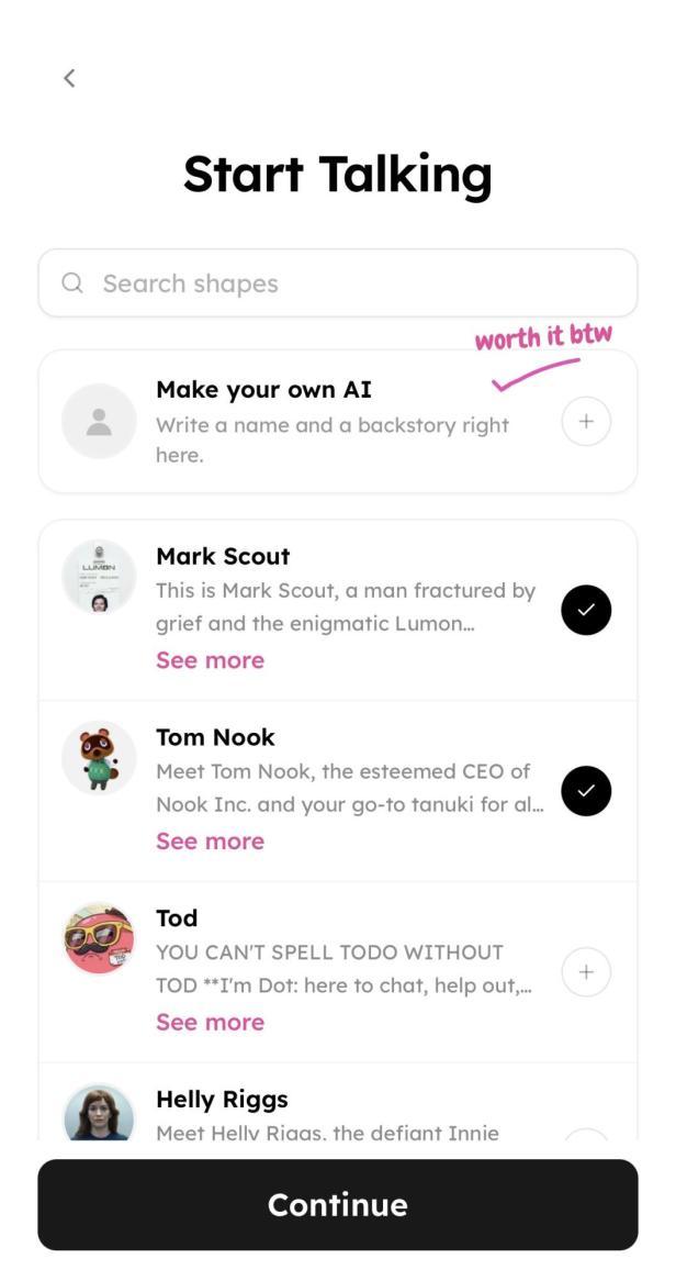 Auswahl an KI-Personas, mit Mark Scout, Tom Nook und Tod.
