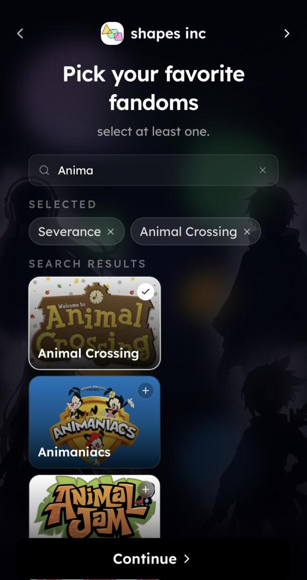 Auswahl an Fandoms in Shapes, mit Animal Crossing, Animaniacs und Severance.