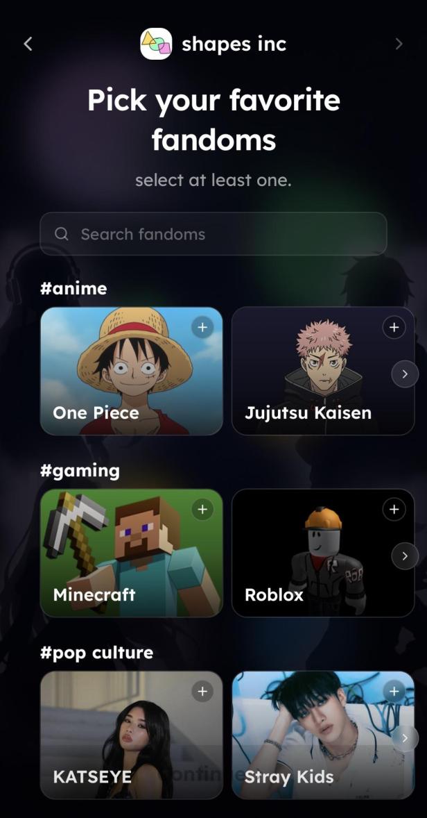 Auswahl an Fandoms in Shapes mit One Piece, Minecraft und Roblox.