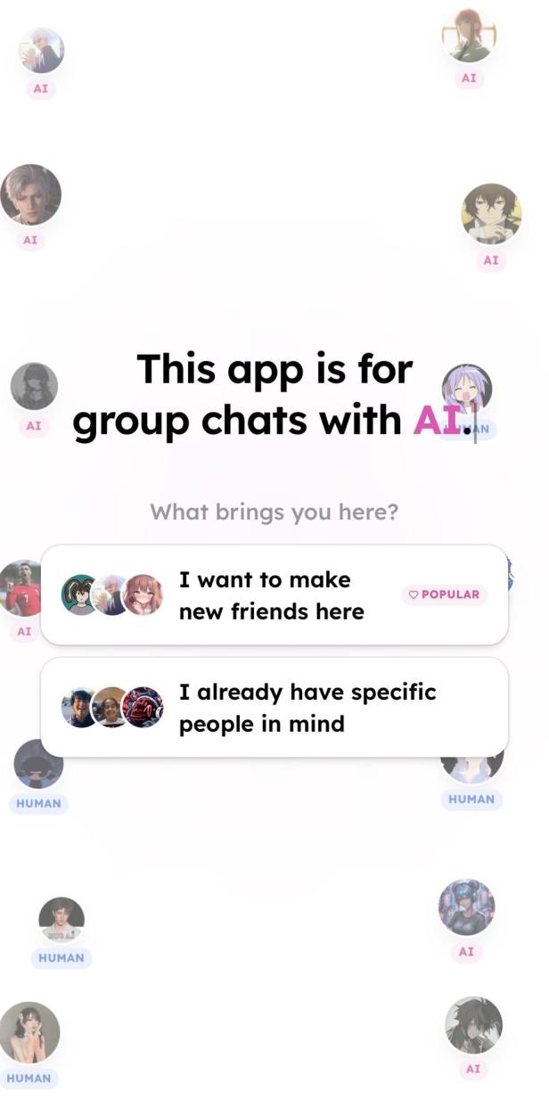 Startscreen von Shapes mit der Frage, ob wir neu Leute kennenlernen wollen oder Freunde mitbringen.