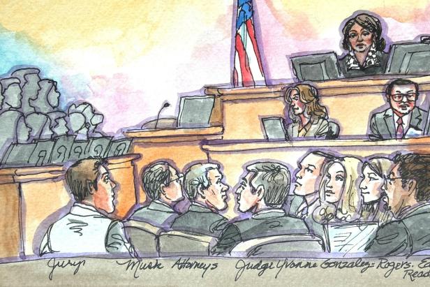 Eine Gerichtsszene mit Jury, Anwälten und Richterin Yvonne Gonzalez Rogers unter einer US-Flagge.