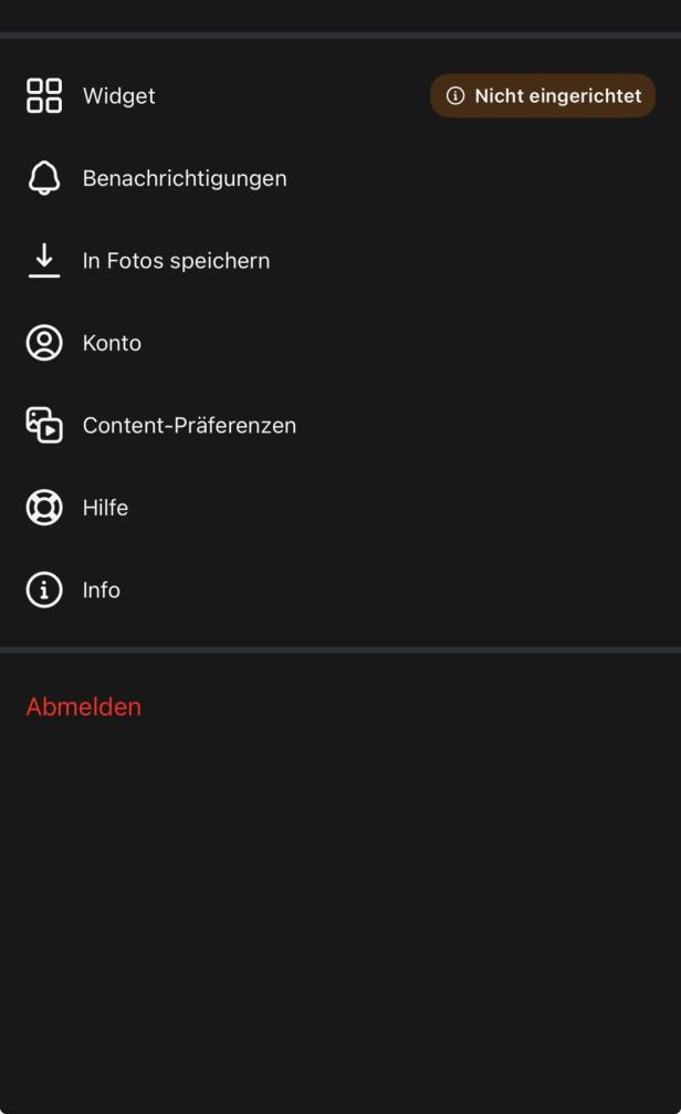 Einstellungsseite von Instants mit Widget, Benachrichtigungen, Konto und Content-Präferenzen.