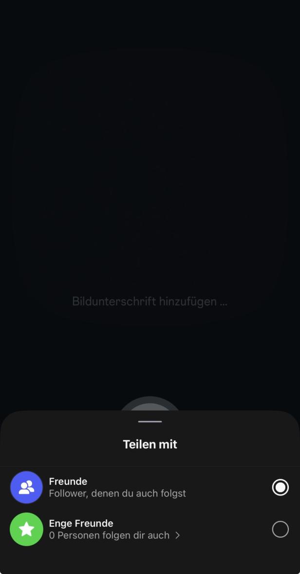Option zur Auswahl, an wen Instants gesendet werden sollen. Auswahl zwischen "Freunde" und "Enge Freunde".