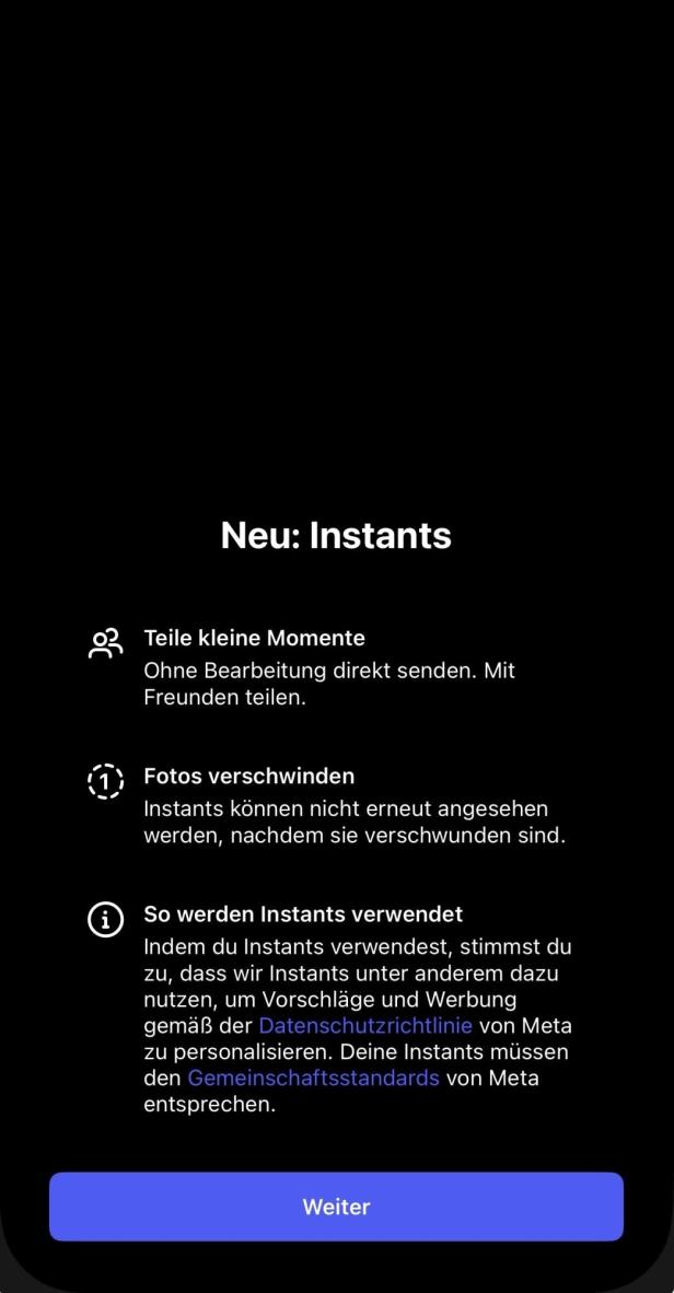 Einführungstext zu Instants, mit Hinweis das Fotos verschwinden und nicht bearbeitet werden können.
