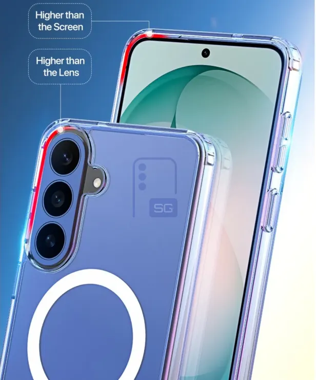 Das Rendering zeigt das Samsung Galaxy S26 FE mit flachen Seiten, seitlichen Tasten und mittig platzierter Frontkamera.