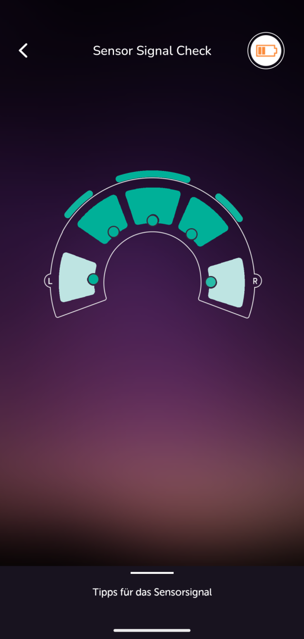 Die Muse Athena S App zeigt die Signalstärke der einzelnen Sensoren des Stirnbands zur Überprüfung des Hautkontakts an.
