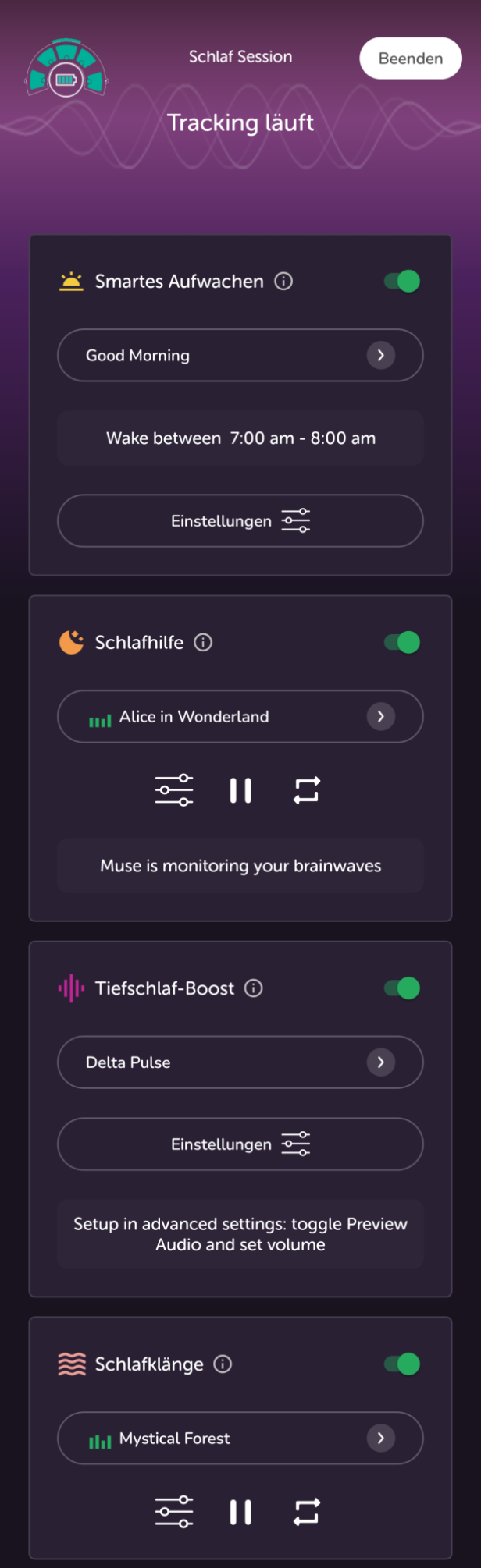 In der Muse App sieht man Einstellungen zu Smartem Aufwachen, Schlafhilfe, Tiefschlaf-Boost und Schlafklängen