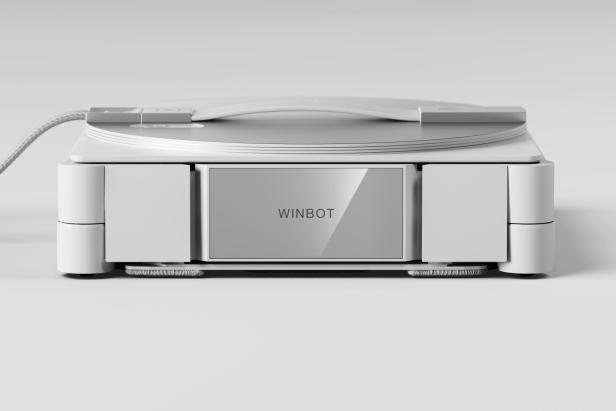 Weißen Selbstreinigungsstation des WINBOT W3 OMNI Fensterroboters.
