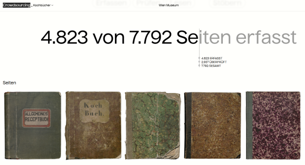 Fünf alte handgeschriebene Kochbücher und eine Fortschrittsanzeige digitalisierter Seiten.