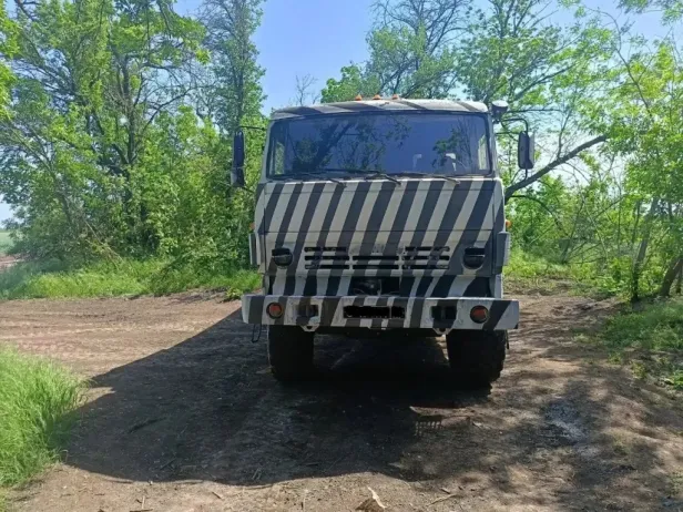 Russischer Lkw mit Zebra-Camo steht im Wald