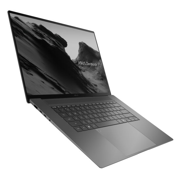 ASUS Zenbook S16 mit großem OLED-Display und schlankem, dunklem Gehäuse vor schwarzem Hintergrund.