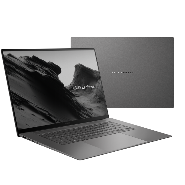 ASUS Zenbook S16 mit schlankem, grauem Gehäuse und randlosem Display in Seiten- und Rückansicht.