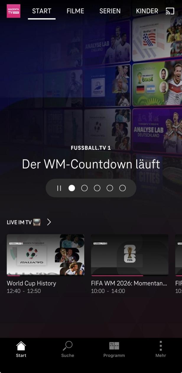 Startseite der Magenta TV App mit Übersicht zu WM-üBertragungen