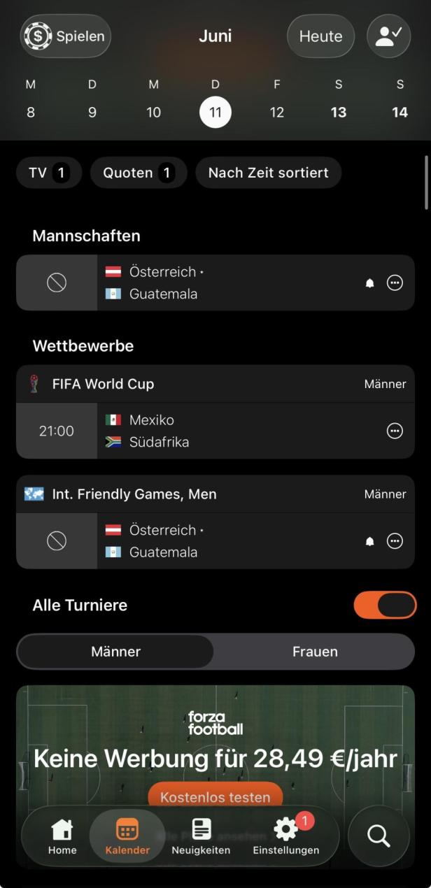 Übersicht in der Forza App mit ausgewählten Spielen am 11. Juni, Anstoßzeiten und Teams.