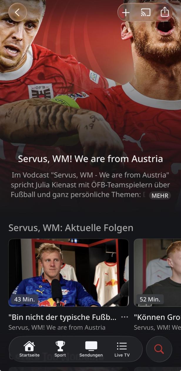 WM-Übersicht in der ServusTV On App mit Video-Berichten.