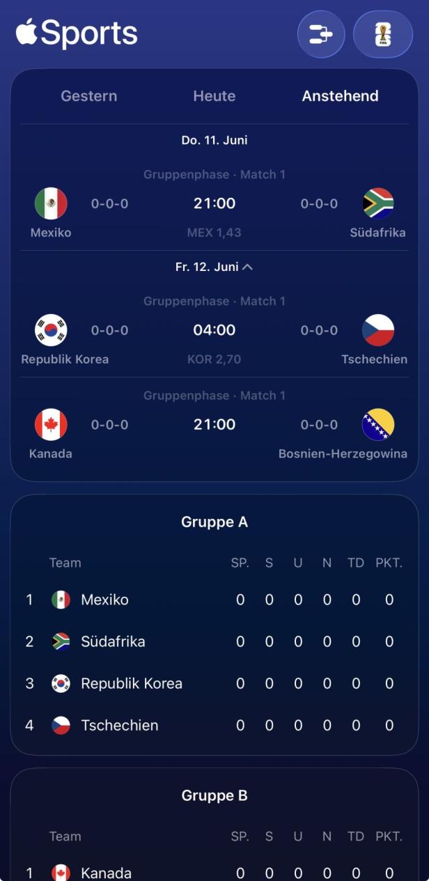 Spielübersicht in der Apple Sport-App mit Anstoßzeiten, Statistiken und Tabellen.
