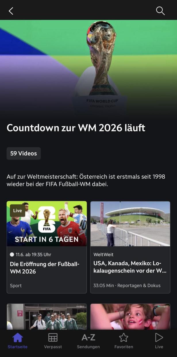 WM-Übersicht in der ORF On App mit verschiedenen Videos zur Auswahl.