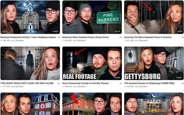 Mehrere YouTube-Thumbnails mit schockierten Personen und gruseligen Hintergründen.