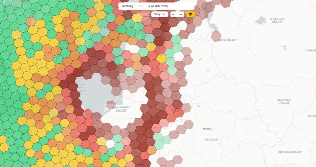 Eine farbcodierte Karte zeigt die Häufigkeit von GPS-Störungen am 8. Juni 2026, mit besonders hoher Ausfalldichte rund um Kaliningrad und im Ostseeraum.