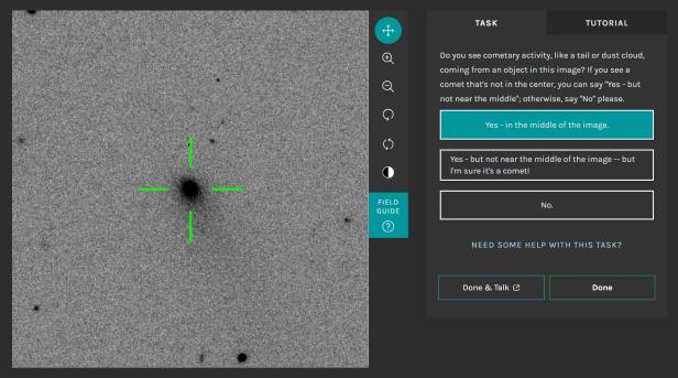Ausschnitt der Plattform Rubin Comet Catchers mit einer schwarz-weißen Himmelsaufnahme, auf der Nutzer einen möglichen Kometen markieren und klassifizieren können.