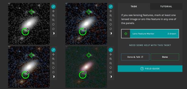 Der Screenshot zeigt 4 Bilder der gleichen potenziellen Gravitationslinse mit jeweils einem grünen, runden Marker
