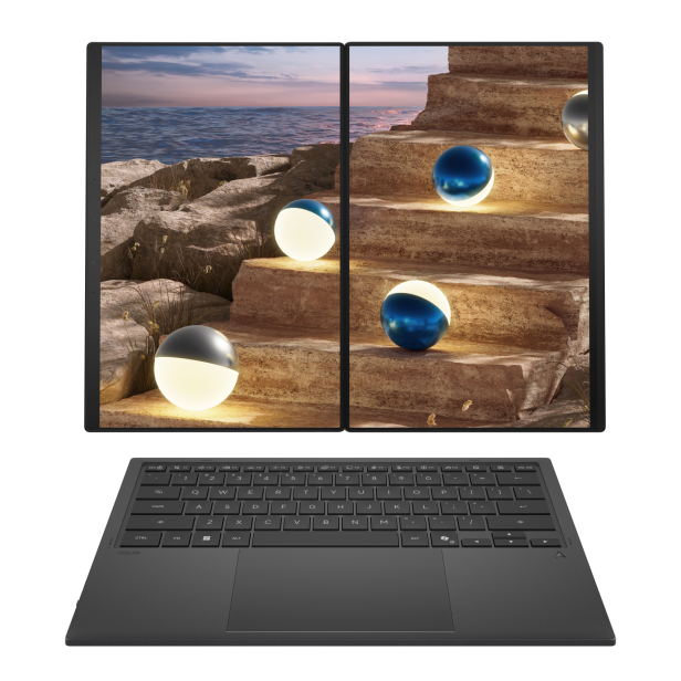 Laptop mit zwei nahtlos übereinander angeordneten OLED-Touchscreens und abnehmbarer Tastatur.