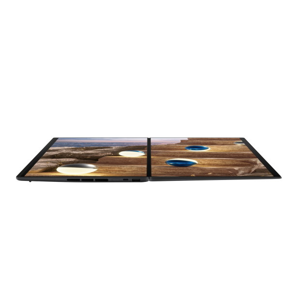 Laptop mit zwei nahtlos übereinander angeordneten OLED-Touchscreens und abnehmbarer Tastatur.